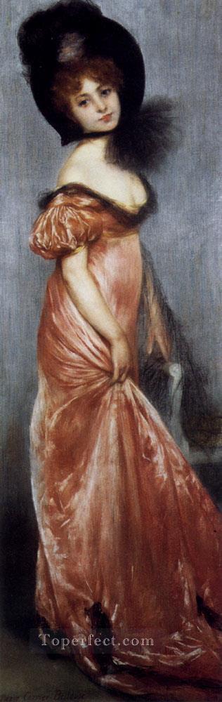 ピンクのドレスキャリアの若い女の子 Belleuse Pierre油絵